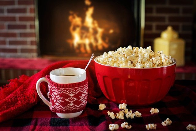 Popcorn, hot chocolate and a warm fire 